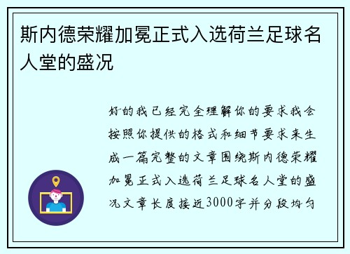 斯内德荣耀加冕正式入选荷兰足球名人堂的盛况 斯内德荣耀加冕正式入选荷兰足球名人堂的盛况